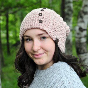 Handmade Blush Pink Hat with Buttons, Crochet Toque Made in Canada